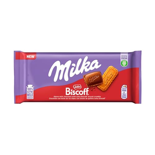 Milka Tableta de Chocolate con Leche de los Alpes con Galleta Lotus Biscoff, 90 g