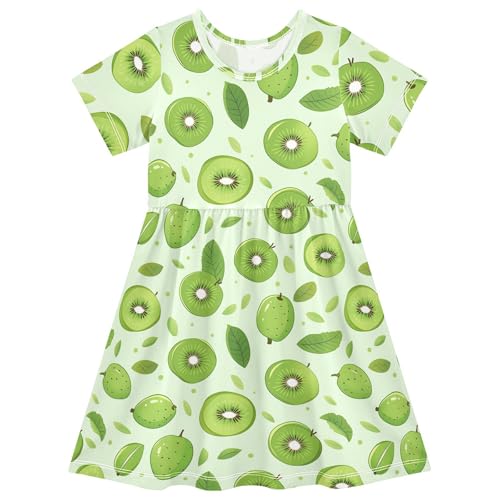 Girls' Short-Sleeve Dress Green Kiwi Fruit Leaf Summer A-Line Swing Cute Sundress 2-8T
