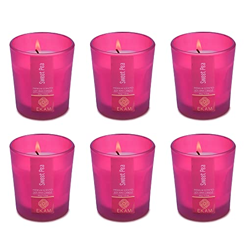 Image of EKAM Sweet Pea Votive Soy Wax Scented Candle, 40 Grams, 10 Hours Burn Time| Long Lasting Premium Candles | Ideal for Home Decor | Gifting & Aromatherapy (Pack of 6)