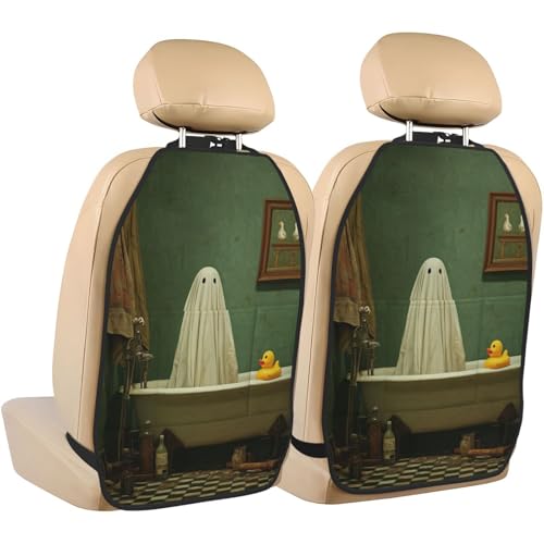 Gjieliness Ghost In Old-Fashioned Bathtub Rubber Ducky Car Seat Back Kick Protectors,2 Pack Kick Mats With Storage Pockets For Vehicles To Protect From Dirt Mud Scratches