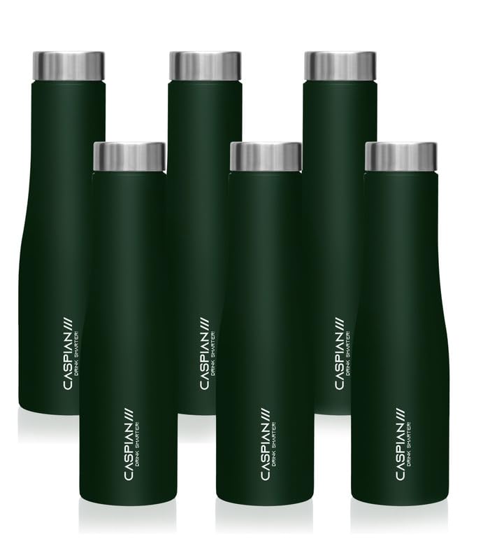 CASPIAN /// Aqua Stainless Steel Water Bottle (Green, 1 Litre, Set of 6)| Leak Proof Thunder for Fridge Home Office Travel School Kids Boys Girls Adults Sports Gym Yoga