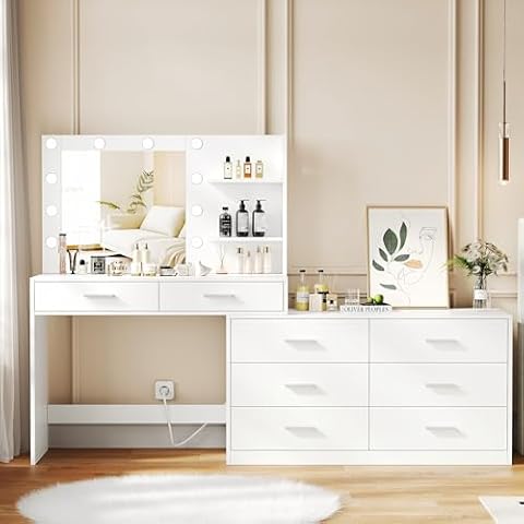 Rovaurx 65" Vanity Desk with Lighted Mirror and Lights, 8 Drawers Makeup Vanity Table with Storage Shelf, Modern Vanity with Mirror, Dressing Table for Bedroom, Adjustable Width, White RSZT109W Cover