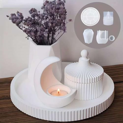 JVHLOV Juego de 4 Moldes de Silicona – Caja Redonda a Rayas, Molde Porta Velas Luna, Bandeja Redonda Estriada y Molde de Jarrón Facetado para Resina, Cemento y Manualidades DIY