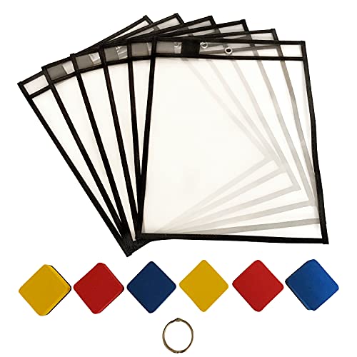 PDX Reading Specialist 6 Dry Erase Pocket Sleeves - Oversized Plastic Sheet Protectors - Bonus 6 Magnetic Whiteboard Erasers, 1 Book Ring - Great for Teachers, School, Home & Office