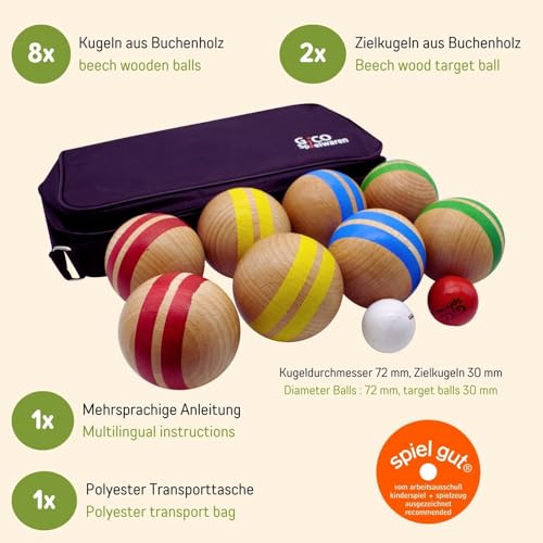 GICO Boccia Spiel aus Massivholz, gestreift mit 8 Kugeln, Durchmesser 7 cm. Made in EU -Spiel gut Auszeichnung- 3021