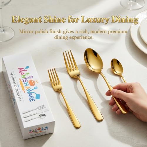 Image of Classic Gold 24 Pcs Stainless Steel Cutlery Set for Dining Table, Dishwasher Safe Glossy Flatware (Perfect Spoon Fork Set)