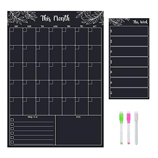 Dry Erase Magnetic Chalk Board Monthly Calendar for Refrigerator 12" x 17" with Reusable Weekly Fridge Calendar 5" x 10" | 3 Chalkboard Markers Included