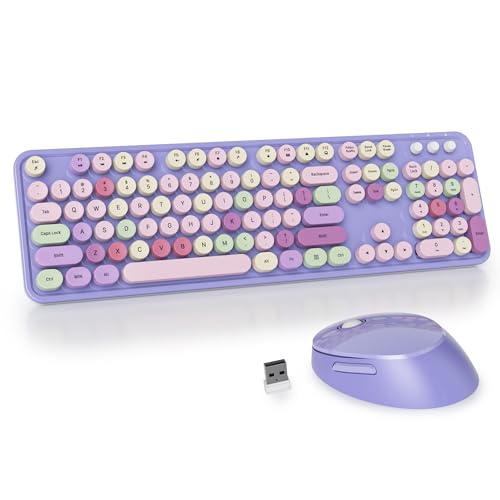 Image of GTSP Typewriter Colorful Purple Keyboard and Mouse Wireless, 2.4GHz Full-Size Retro Cute Office Computer Keyboard with Round Keycaps for Desktop Laptop and PC (Colorful Purple)