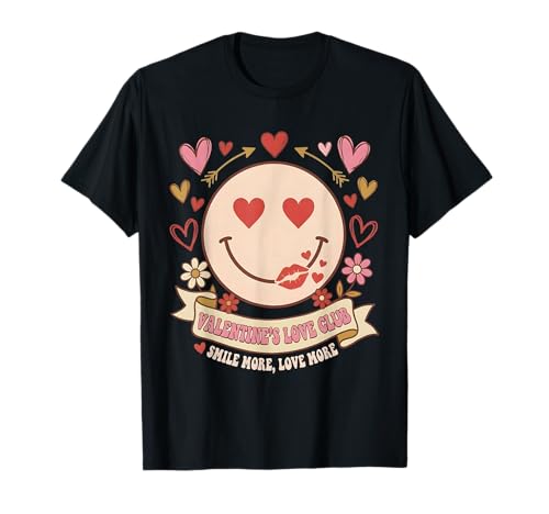 Valentine Love Club Cute Happy Face Hearts Retro Aesthetic T-Shirt