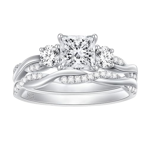 Princess Cut Wedding Ring Sets for Women, 1-1/2 Carat(ctw) Moissanite Bridal Sets Platinum Plated...