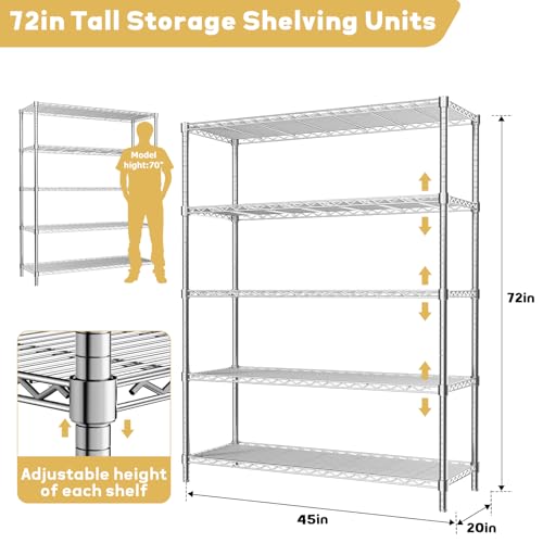 Image of ROOMTEC 5-Tier Wire Shelving Unit,45 inch W*20 inch D*72 inch H,Max Load 2000LBS