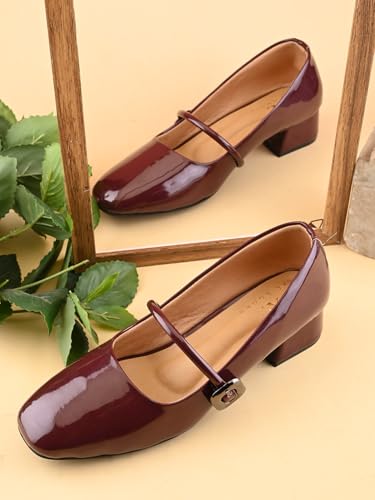 Image of XE Looks Women's Mary Jane Strap Block Heel Pumps with Glossy Upper | Closed Toe Design | Soft Cushioned Insole | Stable Supportive Heel for Girls & Women Black