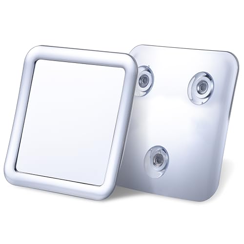 Specchio per Doccia Antiappannante con Tripla Ventosa - Specchio da Bagno in Plastica Infrangibile per Rasatura e Barba, Fogless Shower Mirror - 13,5cm x 13,5cm (Cromo)