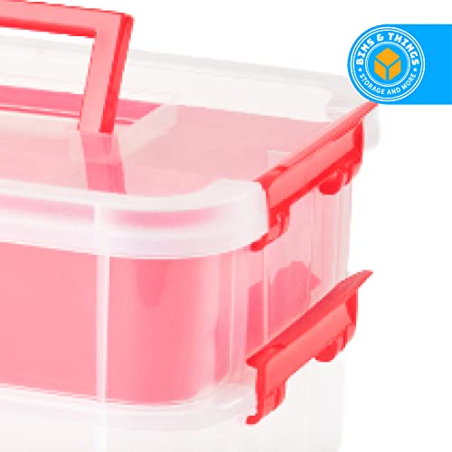 Bins & Things Stackable Storage Container - 3 Trays Craft & Art Organizer Box - Portable Plastic Storage - Divided Storage Box - Locking Lid - Ideal For Craft Supplies & Ornaments - Red #TOP6