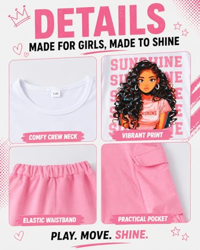 Image of Tween Girls Clothes Short Sleeve Graphic T-Shirt Top + Cargo Pants 2pcs Outfit Set, Size 7-15Years