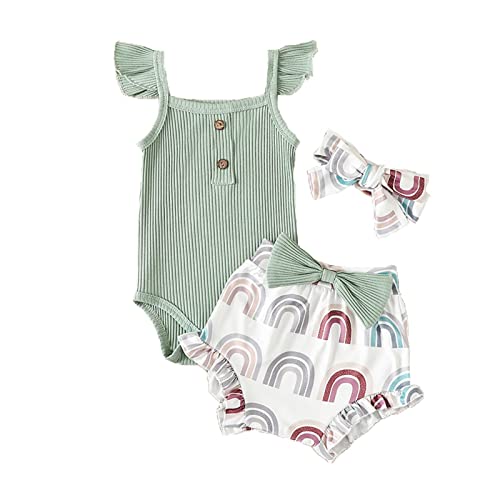 Image of Thorn Tree Newborn Baby Girls Clothes Sleeveless Solid Romper Top & Rainbow Shorts Headband 3Pcs Summer Outfits