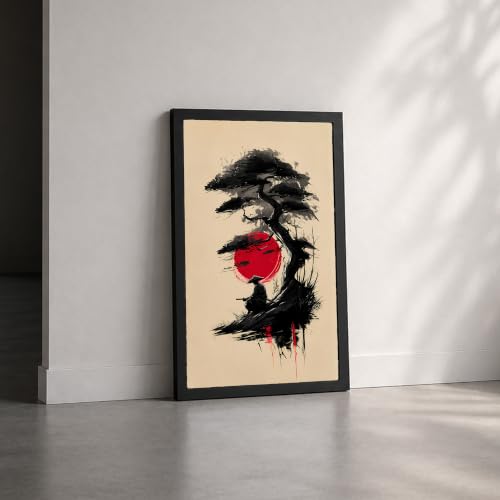 Image of Samurai & Bonsai Premium Framed Wall Poster (12x18 Inch) | Japanese Warrior & Red Sun Wall Art | Zen Asian Decor for Bedroom, Living Room, Office & Workspace | Ready-to-Hang Display Frame