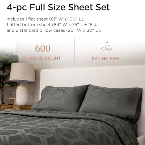 Image of Threadmill 100% Cotton Sheets for Full Size Bed - 600 Thread Count Full Bed Sheets Set with 16 inch Deep Pocket - Jacquard Sateen Weave 4-Piece Bedding Set with Cooling Effect, Dark Grey