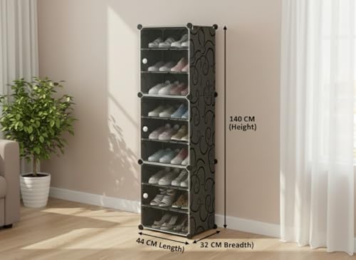 Image of KRISHYAM 9-Tier Portable Shoe Rack Organizer with 3 Doors | Modular Plastic Cube Storage Cabinet for Hallway, Bedroom, Closet & Entryway | Holds Up to 18 Pairs | Black