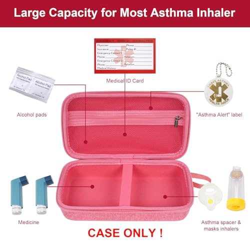 Image of MGZNMTY Travel Carrying Case Compatible with Asthma Inhaler Spacer for Adults and Children, Masks, Inhaler Holder with Asthma Alert Tag and Medical Card, Carabiner (Only Case) (Pink)