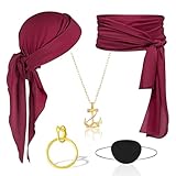 MIVORA Accesorios de Disfraz de Capitán Pirata, 5 Piezas Disfraz Pirata para Hombre Mujer, Bandana Pirata y Cinturón, Parches de Ojos Pirata, Collares y Pendientes, para Carnaval (Borgoña)