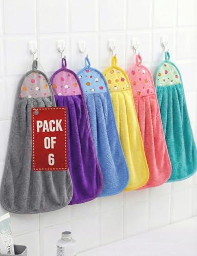 Hand Towels with Hanging Loop for Kitchen & Wash Basin | Soft Highly Absorbent Quick Dry Kitchen Hand Towels | Reusable Small Towels for Hand Wash | Aesthetic Kitchen Towel Set, 200 GSM (Set of 6)