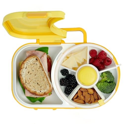 Image of GoBe Kids Lunchbox with Small Snack Spinner Flip - Bundle with Hand Strap & Sticker Sheet, 2-in-1 Bento Style Lunch Container, 5 Small +1 Large Sandwich Compartment, BPA & PVC Free - Lemon Yellow