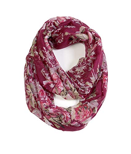 Scarfand's Romantic Rose Prints & Floral Patterns Lightweight Infinity Fashion Scarves Wraps (Bouquet Rose Red-Tawny Port)