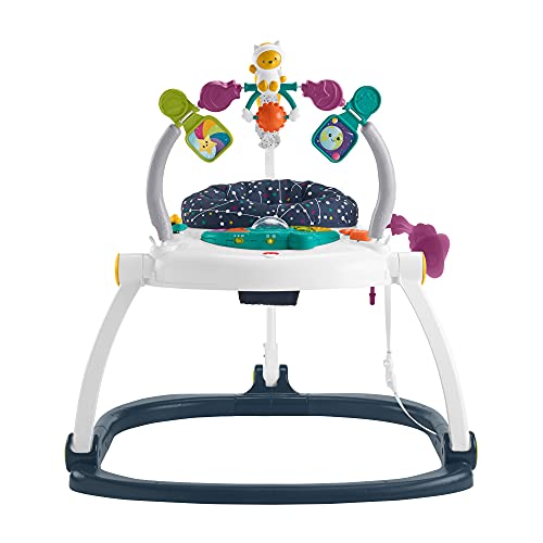 Fisher-Price Jumperoo Compact Chats de l’Espace, Trotteur Bébé avec Siège à Rebond, Lumières, Musique et Jouets Interactifs, jusqu'à 11,3 kg, HBG73