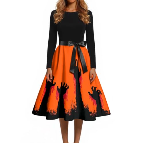 Vestido de Halloween corte evasé con cuello redondo y mangas largas 2