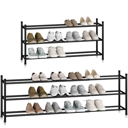 STORAGE MANIAC Long Expandable Shoe Rack, 18 Pairs Metal Wide Stackable Shoe Rack, Adjustable Shoes Shelf, Freestanding Shoes Organizer for Closet, Entryway, Hallway, Garage, Front Door, 3 T