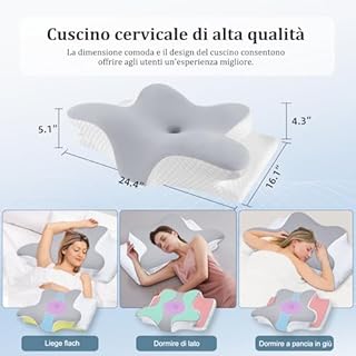Infaebo Cuscino Cervicale Memory Foam Ergonomico, Cuscino Cervicale Ergonomico in Schiuma per Dormitori Laterali, Supini e Proni, 62x41x13/11 cm, Grigio