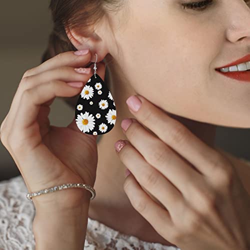 Daisy Floral Black Faux Leather Teardrop Earrings For Teen Girls Women Drop Dangle Earrings Gift #TOP7