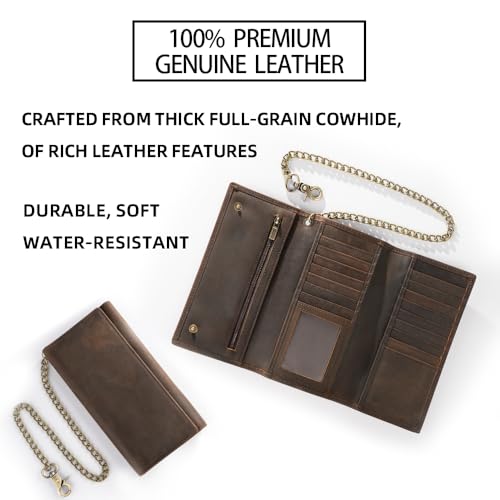 Mens Chain Wallet, Biker Trucker Wallets with Long Strong Chains, Genuine Leather Trifold Billfold, Snap, Brown3