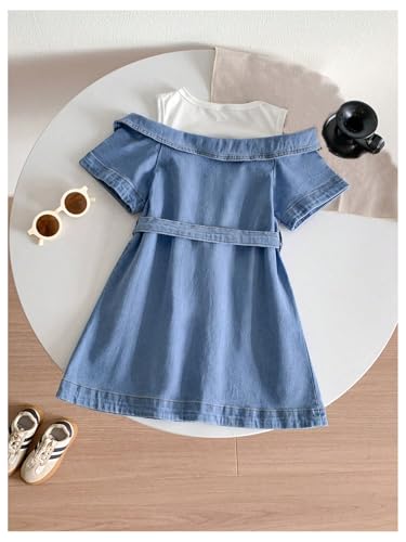MakeMeChic Girl's Crew Neck 2 in 1 Midi Dress Short Sleeve A Line Belted Summer Denim Dresses2