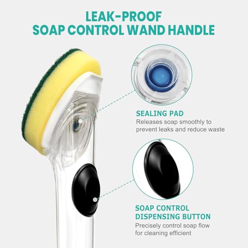Image of Dish Wand with Handle,Non-Scratch Dishwand Refills Replacement Sponge Heads | Leak-Proof Soap Control Dispenser Scrub Sponges, Advanced Scrubber Brush Pads for Kitchen Cleaning Dishes Sink Washing Tool