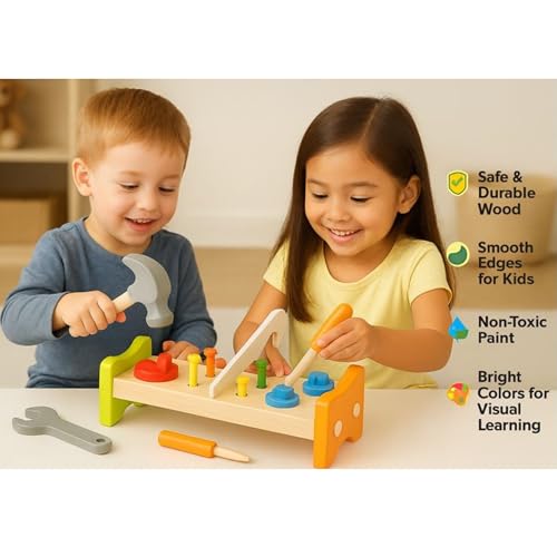 Image of Wooden Tool Kit for Kids | Pretend Play Construction Toy Set | STEM Educational Mechanic Toy for Boys & Girls Ages 3-8 | Montessori Toy (Nut Table)