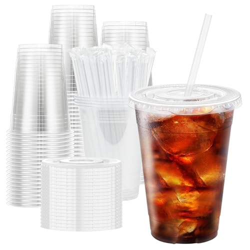 Clawsoff 100 Pack 16 oz Plastic Cups with Lids and Straws, Disposable Clear Coffee Cups with Lids, Sturdy To Go Cups for Iced Coffee, Smoothies, Milkshake, Cold Drinks