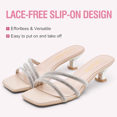 Vepose Women's Nude Strappy Kitten Heels, 2 Inch Low Flared Heel, Sparkly Rhinestone Square Open Toe Mules - Comfortable Dressy Wedding Party Prom Shoes Size 9.5M US (CJY6100 Nude 09.5) — view 4