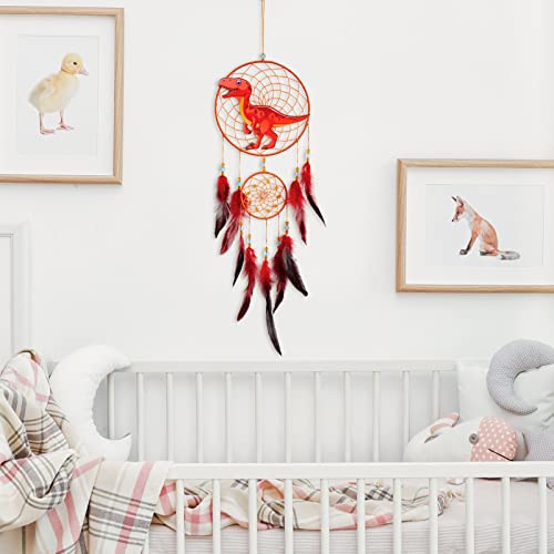 Basumee Dream Catcher for Kids Feather Dream Catchers Handmade Home Decor Wall Hanging with Double Ring for Nursery Bedroom Boys Room, Red Dinosaur - Image 6