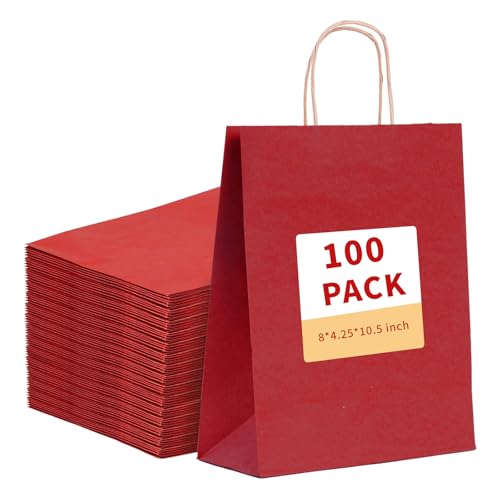 Sac cadeau rouge en papier kraft VANHEL : lot de 100 avec poignées 20x10x26 cm
