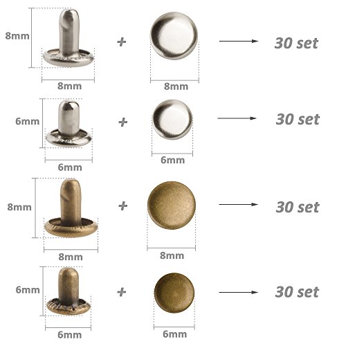 Bestgle 120 Sets Leather Rivets With Fixing Tool Kit, Double Cap Rivet Replacement Tubular Metal Studs Snap Fasten Kit For Diy Leather Jeans Clothing Craft Repairing Decoration (Silver,Bronze) #TOP2