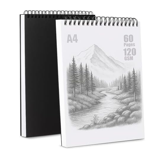 A4 Sketchbook (Pack of 2) Spiral Bound – 60 Pages, 120 GSM Textured Paper – Top Spiral Art Pad for Drawing, Sketching, Journaling – Acid-Free, Soft Cover, Artist Sketch Book for All Ages