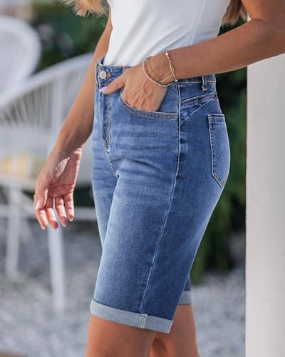 Image of luvamia Bermuda Jean Shorts Women High Rise Stretchy Cuffed Hem Denim Jorts