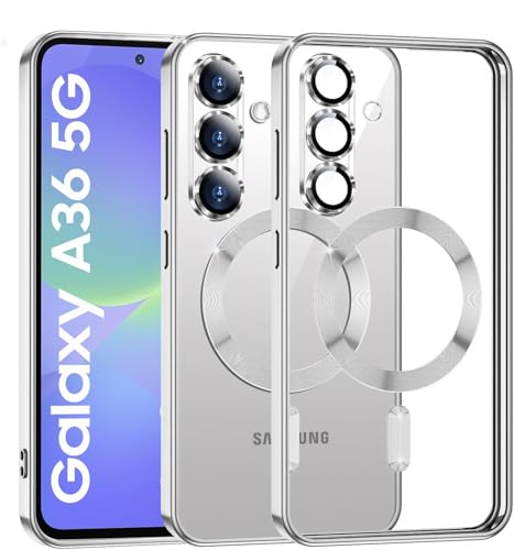 Image of VONZEE Clear Logo Electroplating Transparent Case For Samsung Galaxy A36 5G, Magnetic Plating Electroplate Tpu Case Cover, Individual Camera Protection For Each Lens- Silver