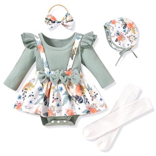 Image of Unutiylo Preemie Newborn Baby Girl Clothes Romper Suspender Dress Fall Winter Outfits Ruffle Long Sleeve Jumpsuit