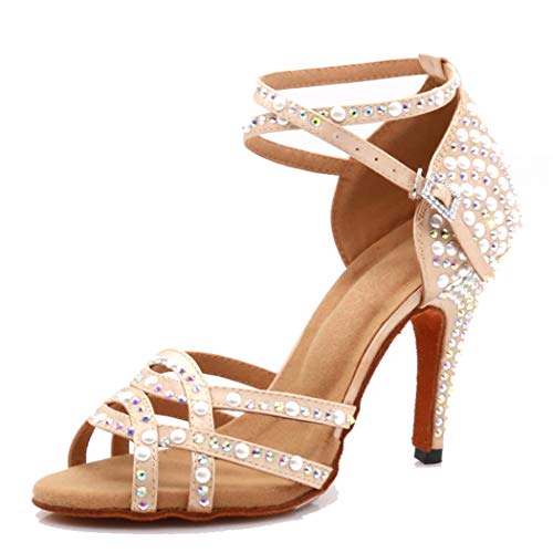 MGM-Joymod Women's Comfort Cross Strap Satin Rhinestones Pearl Peep Toe Salsa Tango Latin Modern Wedding Ballroom Dance Shoes/Beige 10cm 8.5 M US