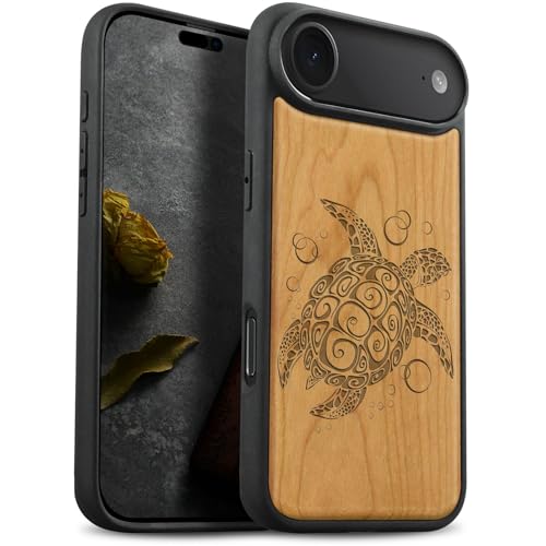 Coque iPhone 17 Air en bois de cerise gravé tortue Carveit antichoc