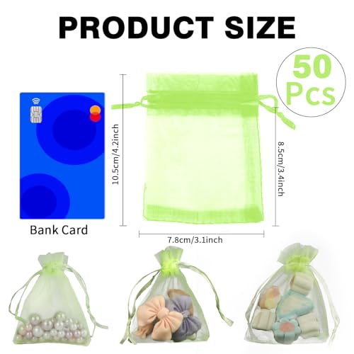 Image of Organza Bags 50Pcs, 3 x 4 Inch Sheer Drawstring Jewelry Gift Pouches, Mesh Party Wedding Favor Mini Candy Bags for Christmas, Fruit Green