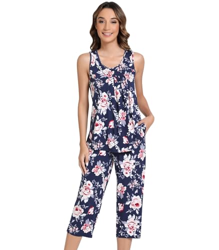 Image of NACHILA Pajamas for Women-Viscose Made from Bamboo, Sleeveless Pjs Tank Top Capri Pants Pajama Sets Cooling Sleepwear